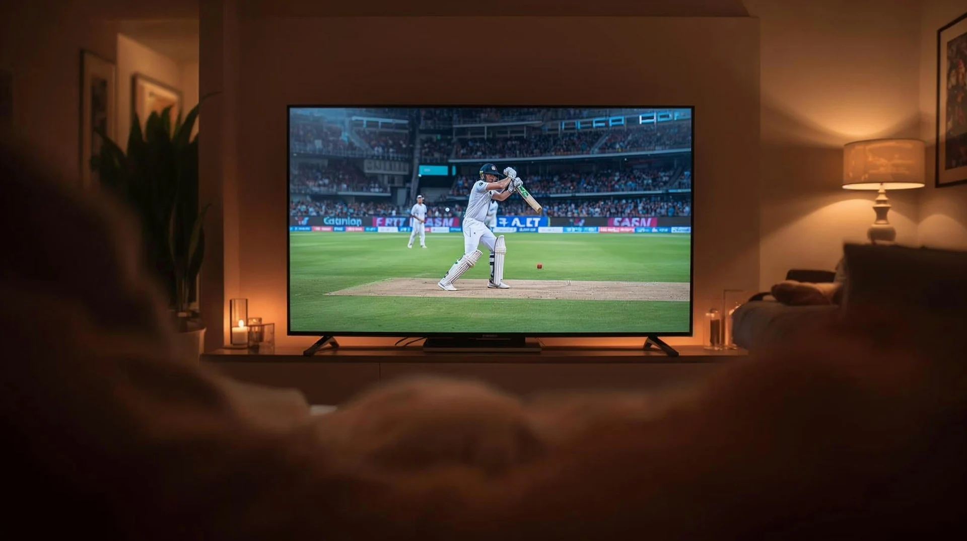 A television showing live sport in a contemporary living room